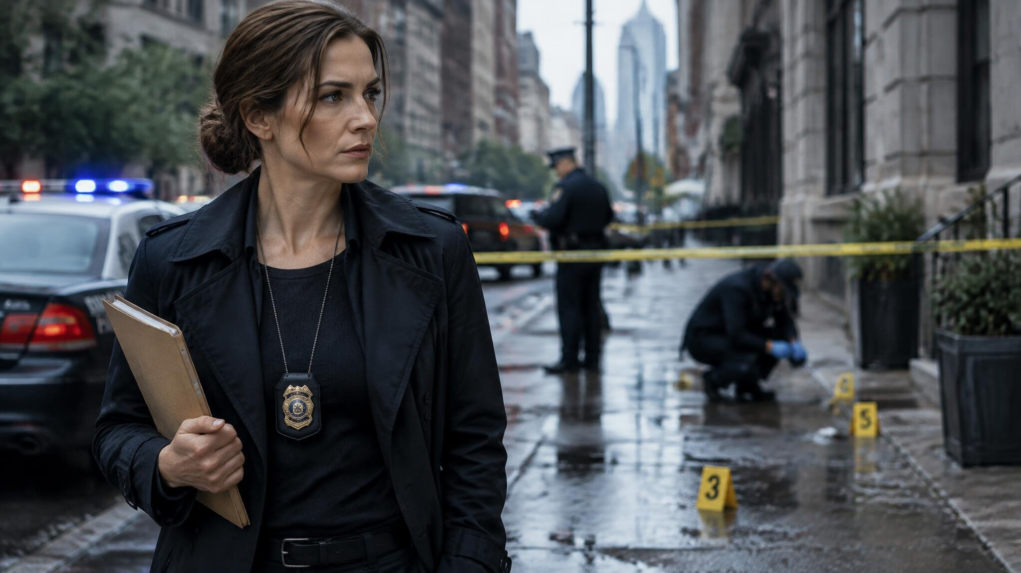 woman detective in city street