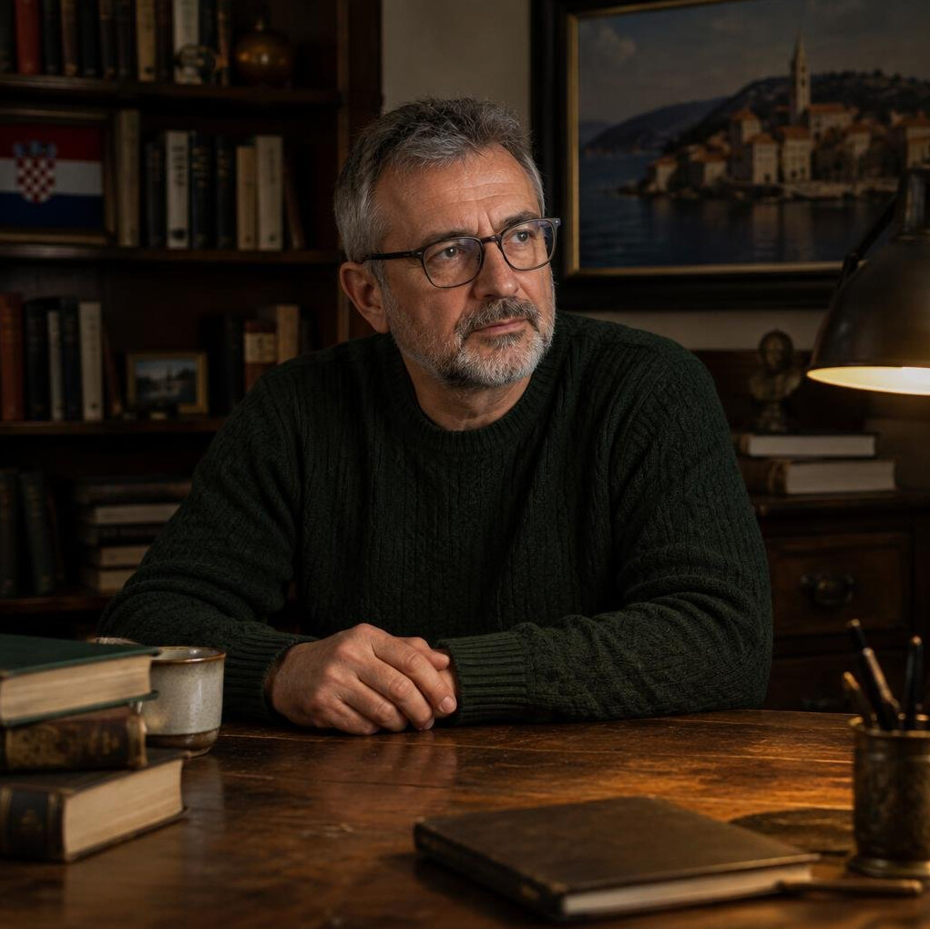 Portrait of a Croatian male mystery novelist in his fifties sitting at a wooden desk