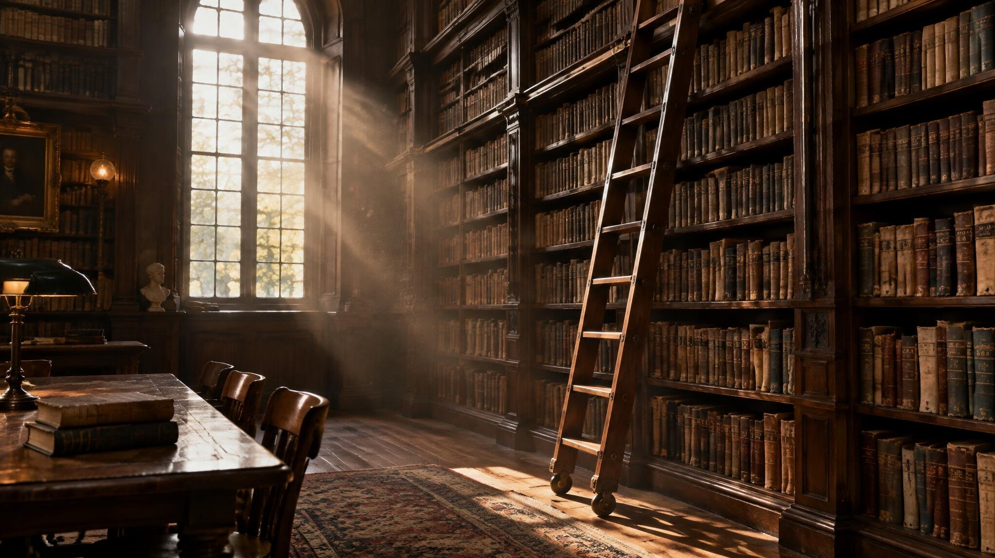 Old library interior with tall wooden bookshelves