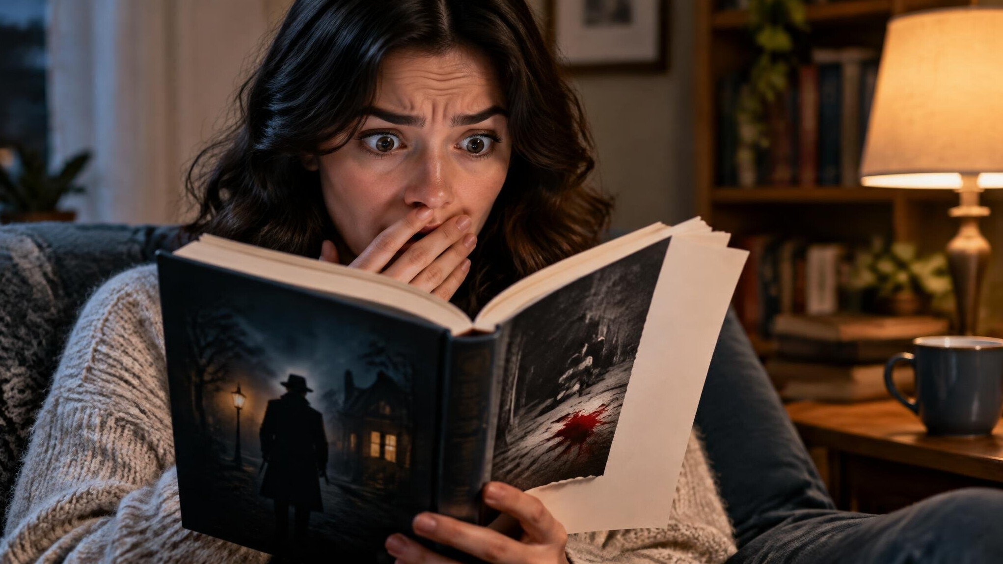 surprised reader holding book