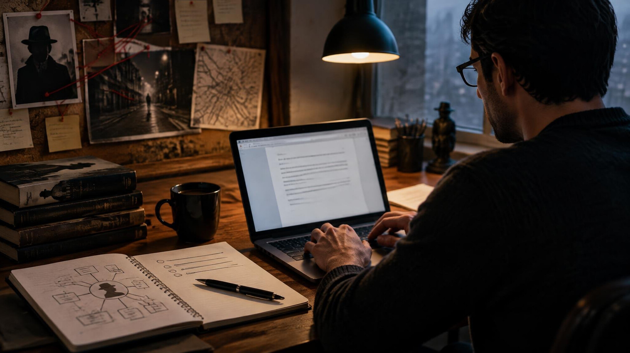 mystery writer at desk