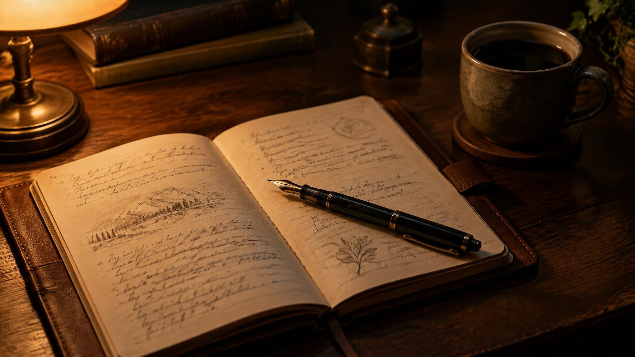 Open notebook with handwritten notes and a fountain pen on a wooden desk