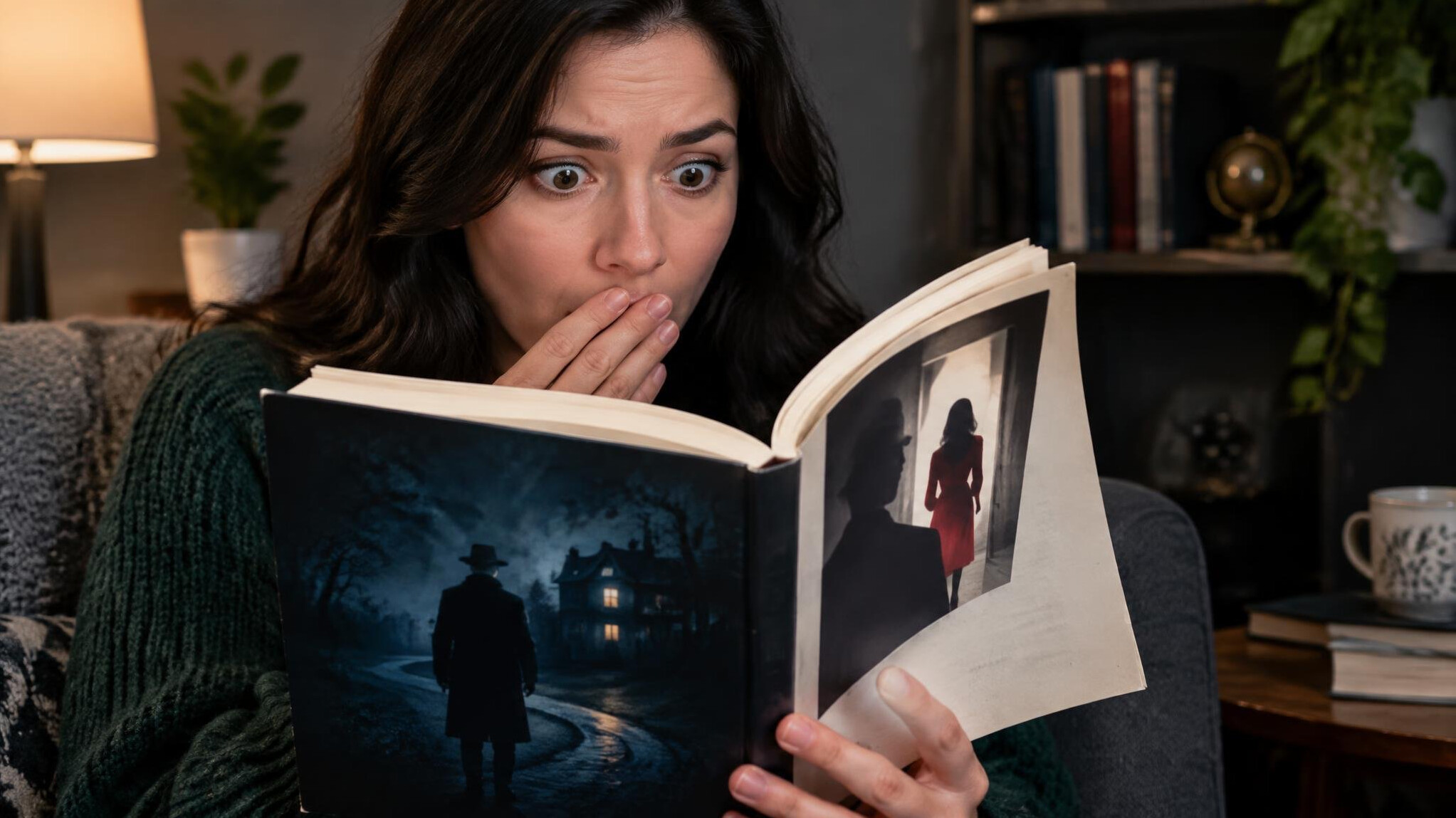 surprised reader holding book