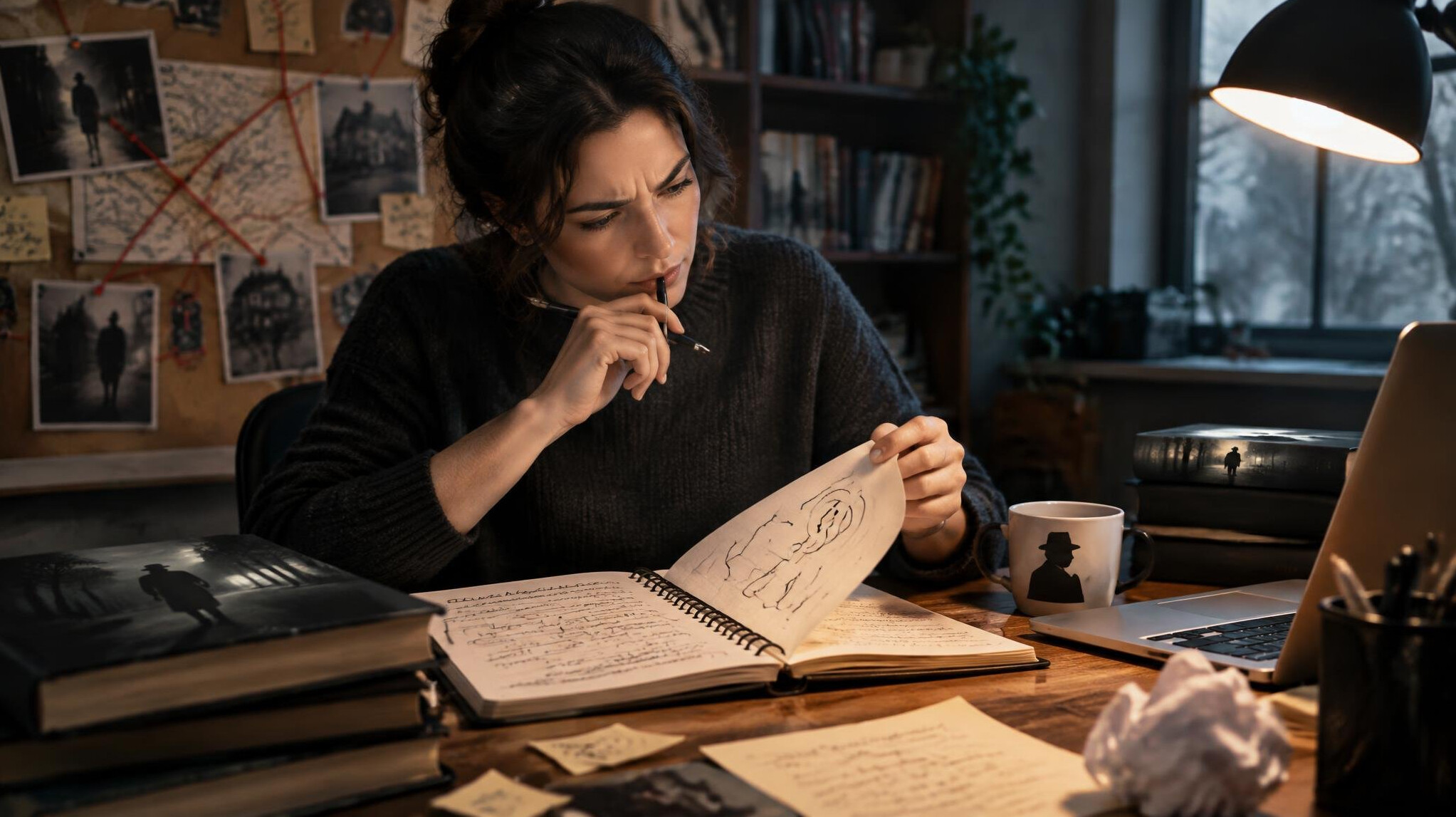 mystery writer at desk