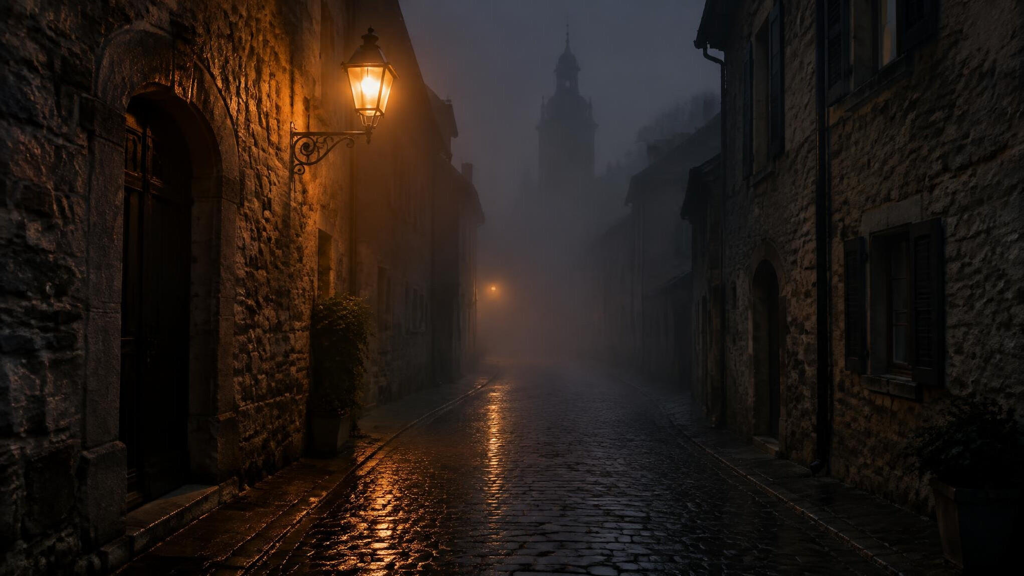 Foggy cobblestone street in an old European town at night