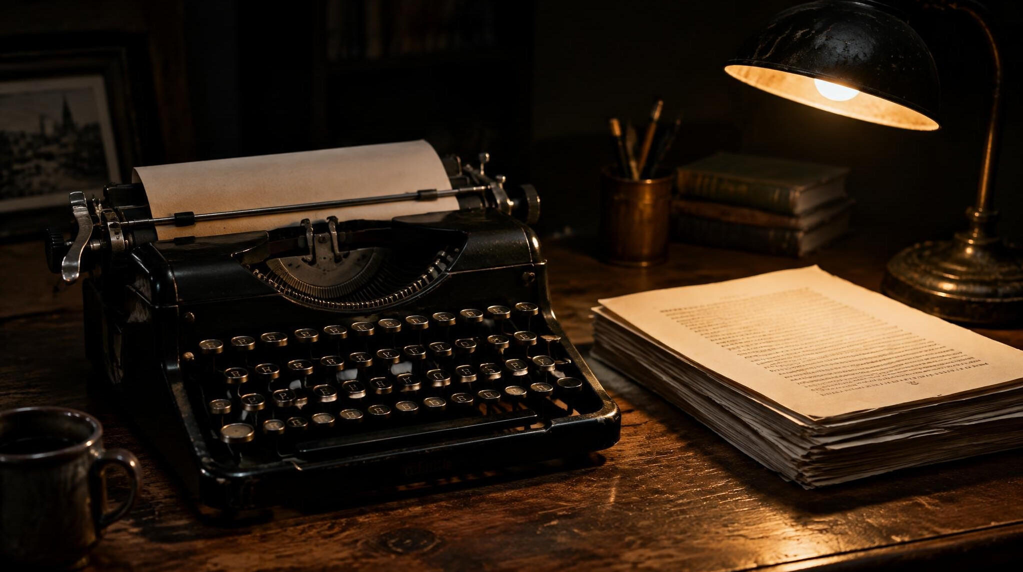 Vintage typewriter on a wooden desk with a stack of paper