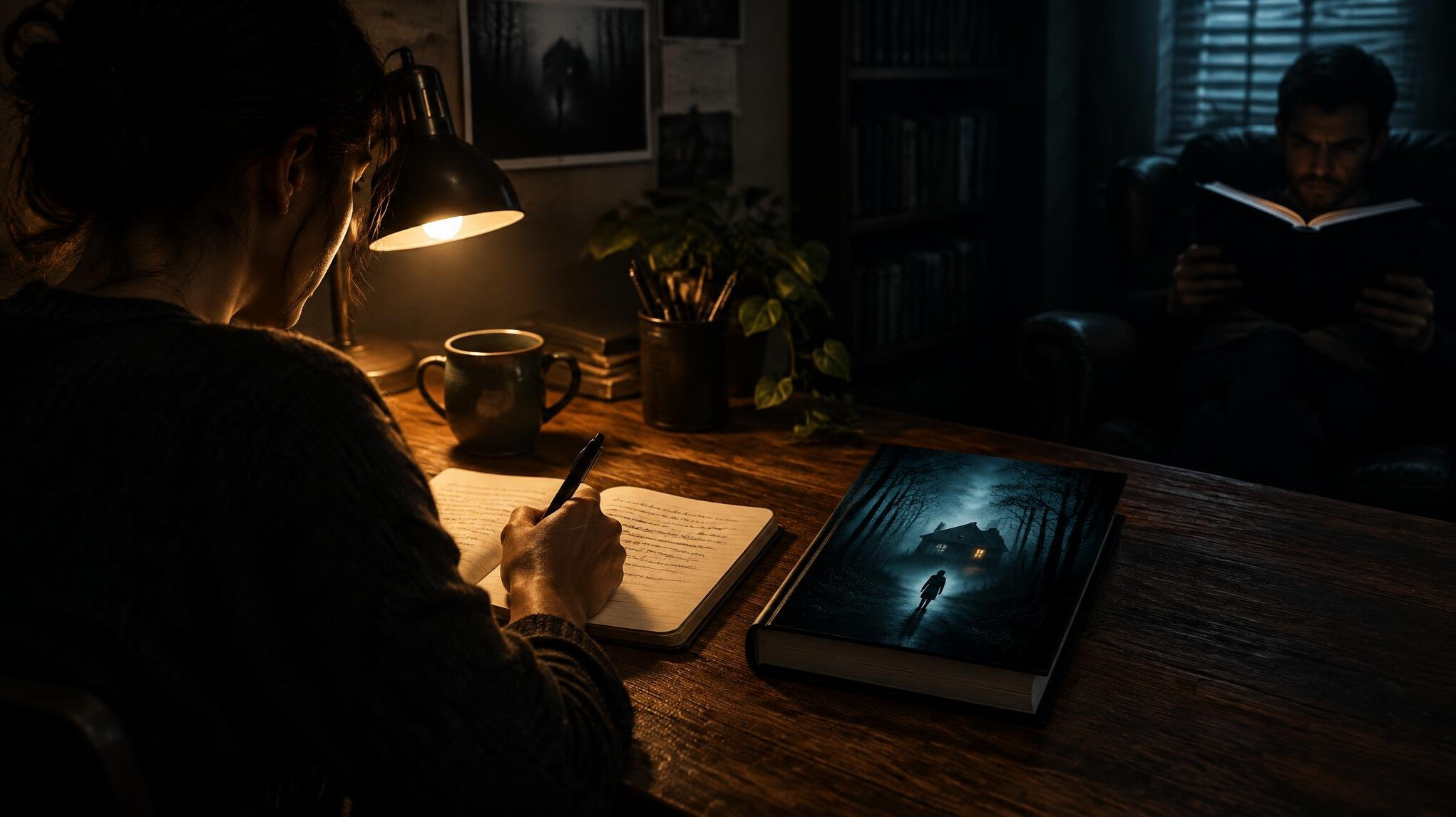 writer at desk with notebook