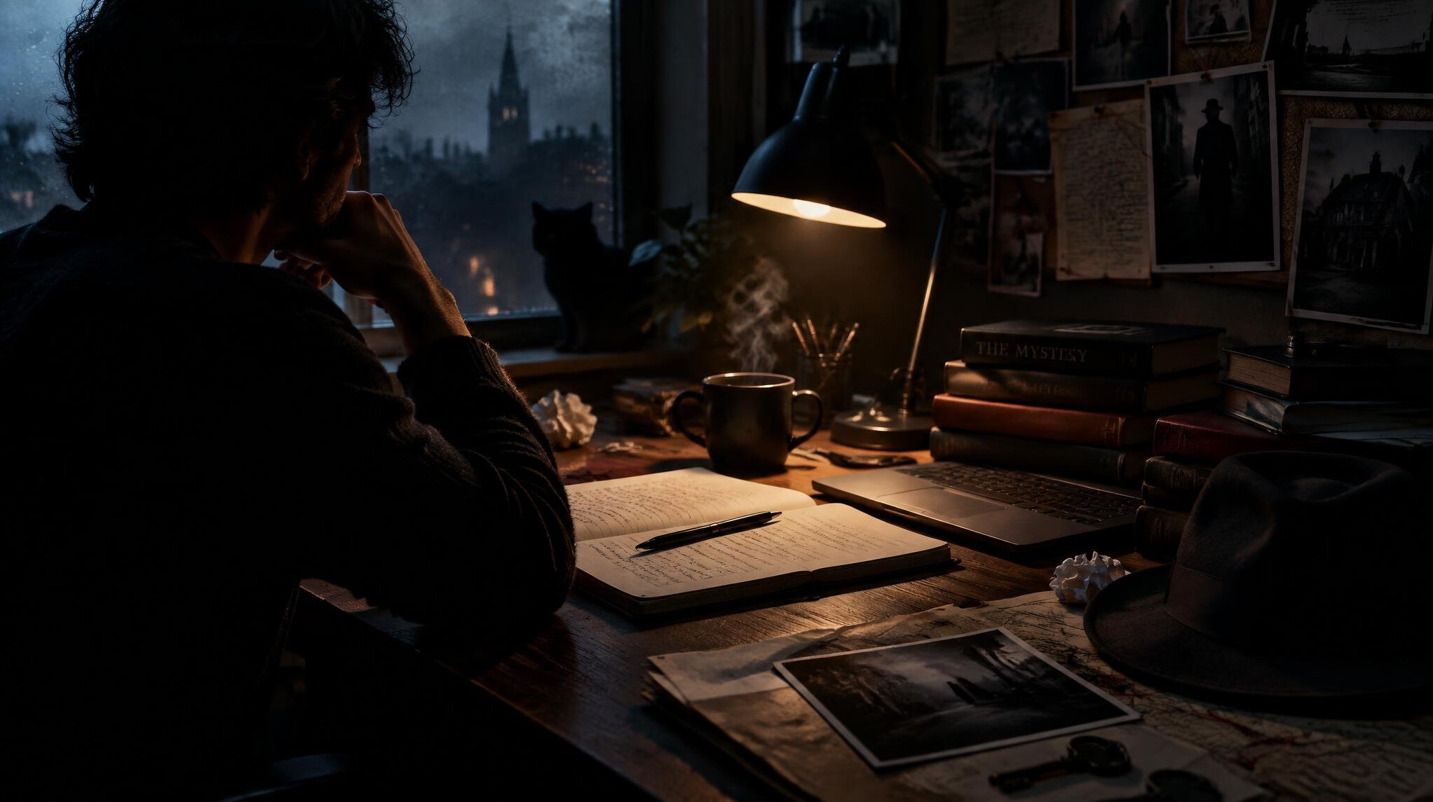 mystery writer desk setup